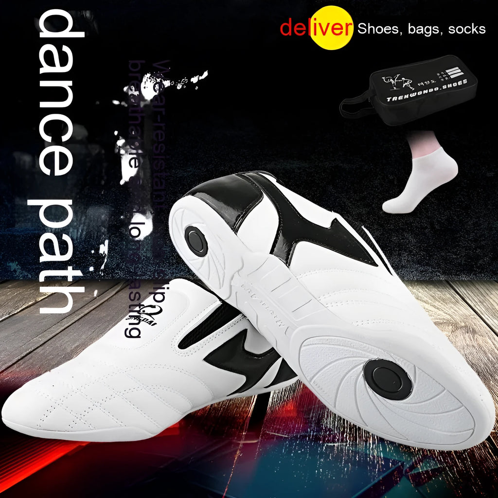 Black and white children's martial arts training shoes with soft bottom and widened design