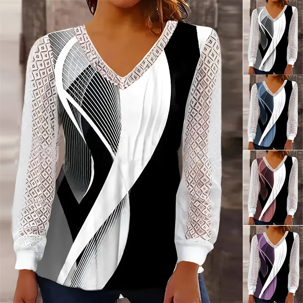 Women's V-neck lace top with hollow-out detailing in trueran polyester fabric