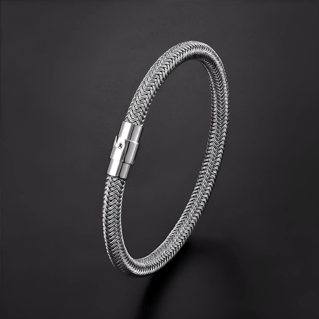 Titanium steel geometric wire bracelet with magnet clasp shown in unisex boyfriend style