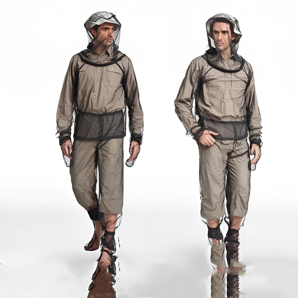 Lightweight mesh anti-mosquito suit set with hood, trousers, and booties for outdoor summer protection.