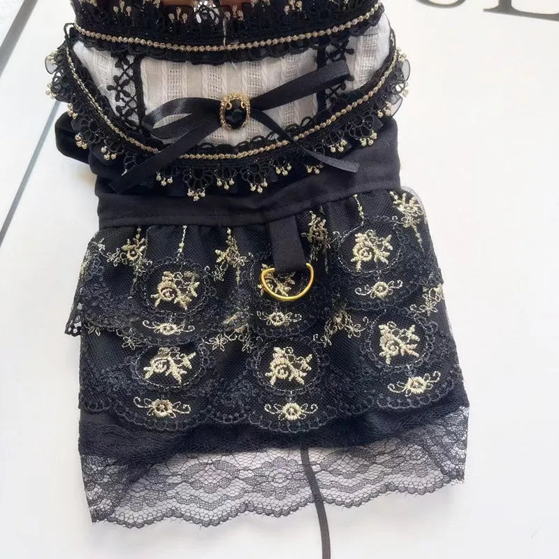 Golden gothic princess style skirt pet clothing for cats and dogs shown in multiple sizes