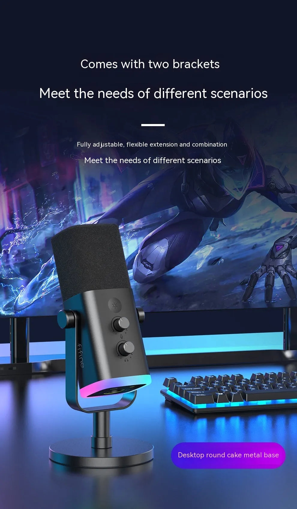 Dynamic cardioid microphone in black with USB-C cable, XLR cable, and adjustable desktop stand
