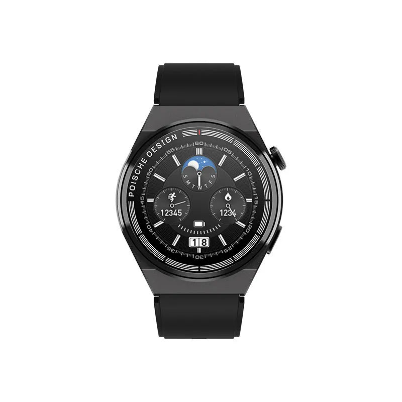 Black Bluetooth smartwatch with a circular 1.39-inch screen on a silicone strap, showing NFC payment and blood glucose monitoring interface.