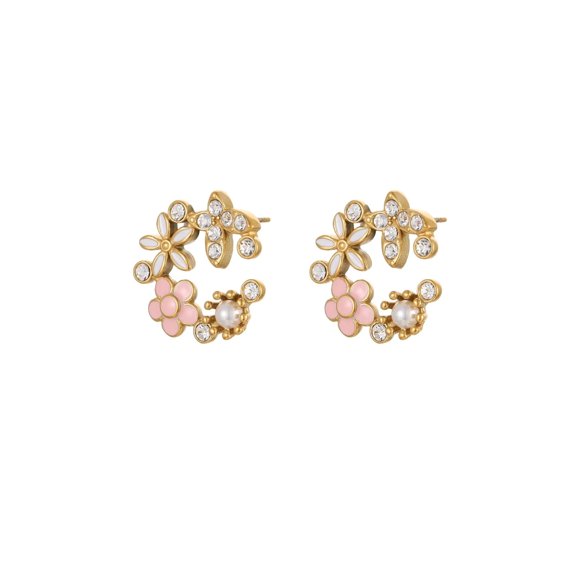 Colourful flower stud earrings with petal design in 18K stainless steel with electroplated finish