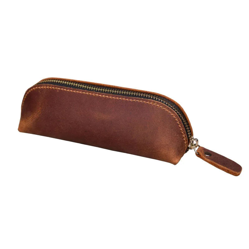 Handmade genuine cowhide leather pencil case in square design with zipper, showing brown colour option