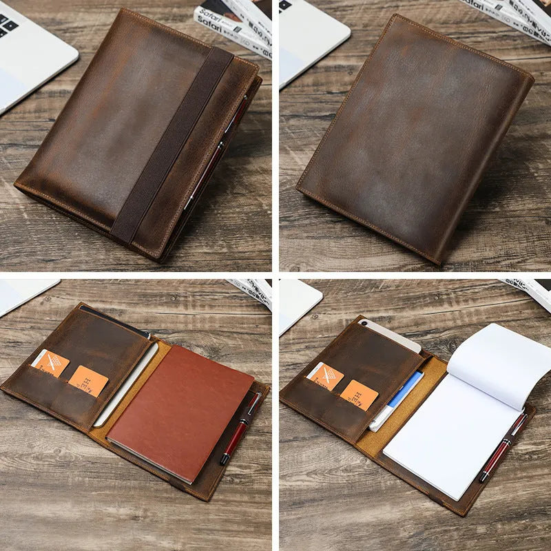 Brown Crazy Horse leather notebook protective sleeve for A5 paper with square socket design