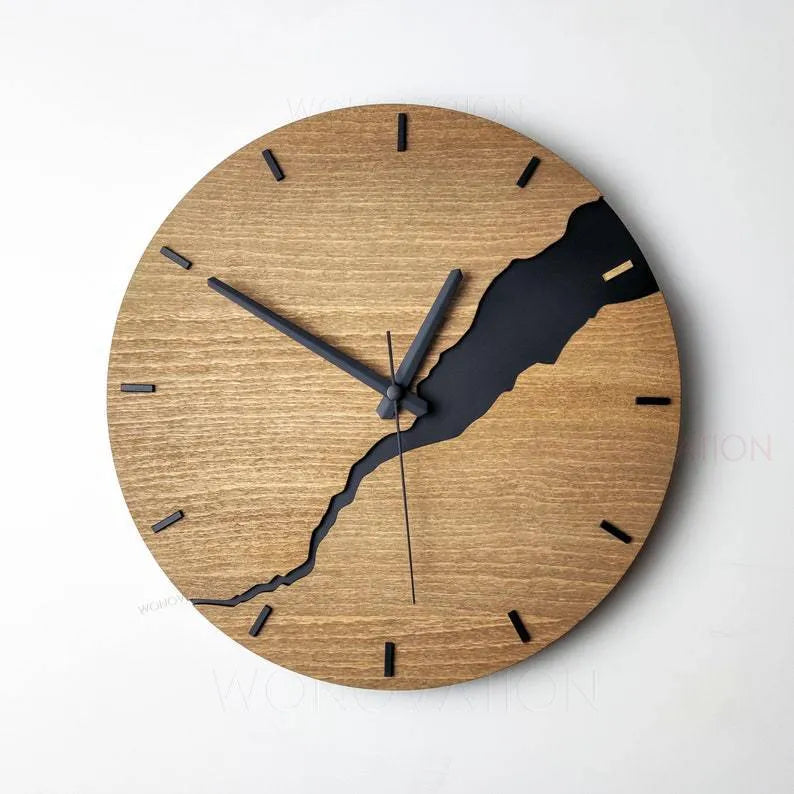 Modern wooden wall clock with a crackle texture finish shown in one of five available colour options.