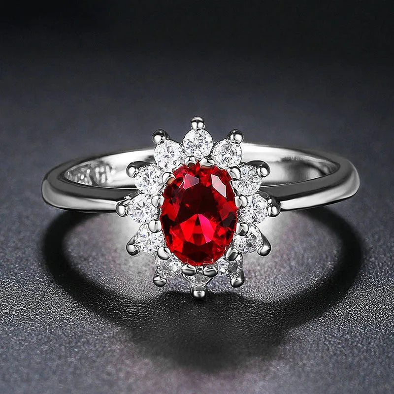 Copper women's ring with electroplated flower design and blue moissanite stone in three colour options
