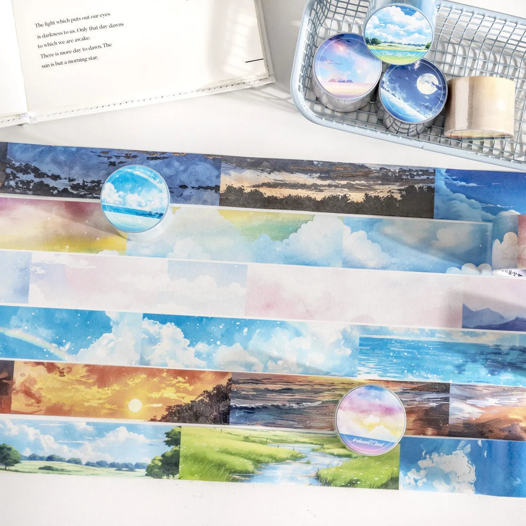Roll of Japanese paper decorative washi tape in sky-themed colours, 30mm wide.