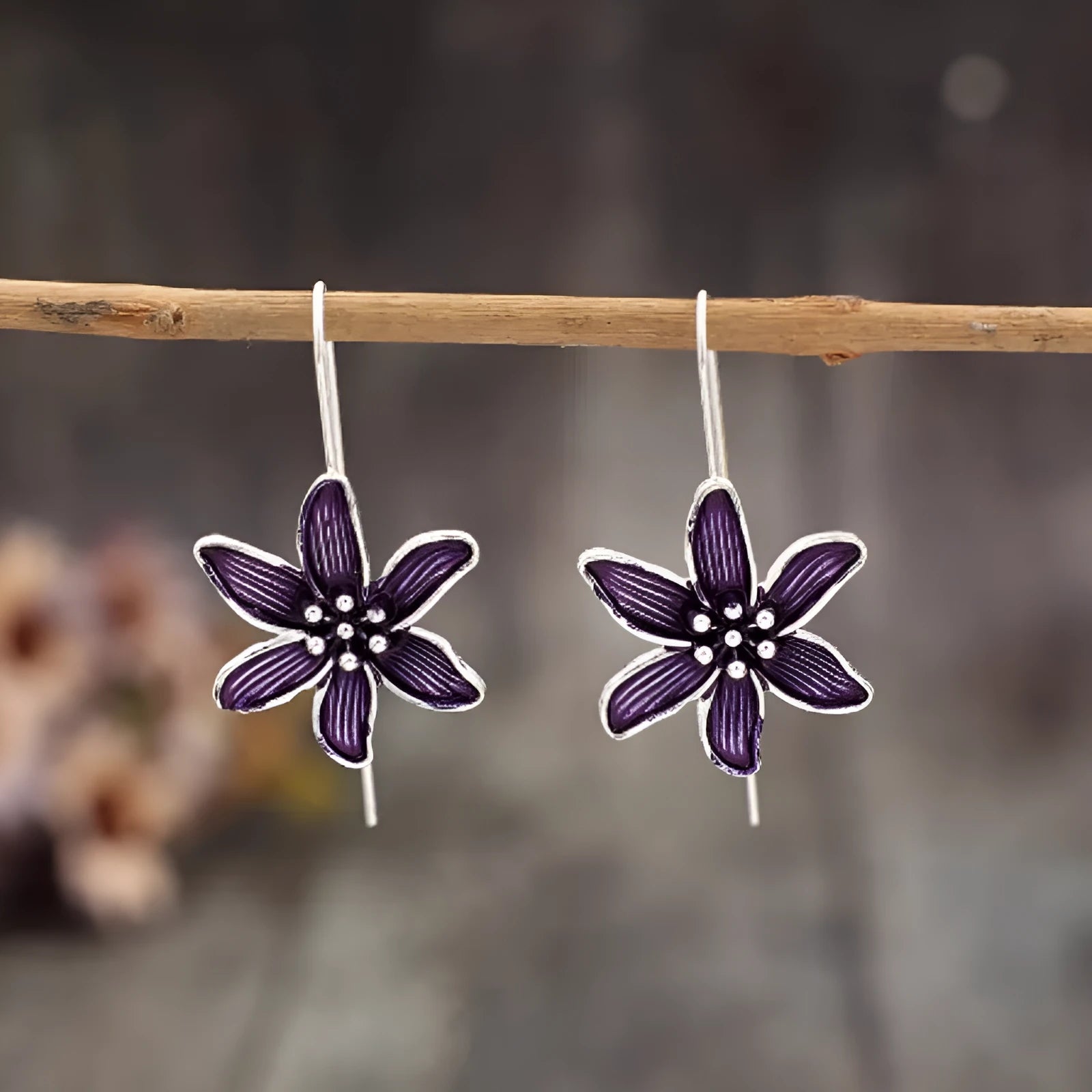 Purple flower-shaped alloy earrings with retro design and electroplated finish