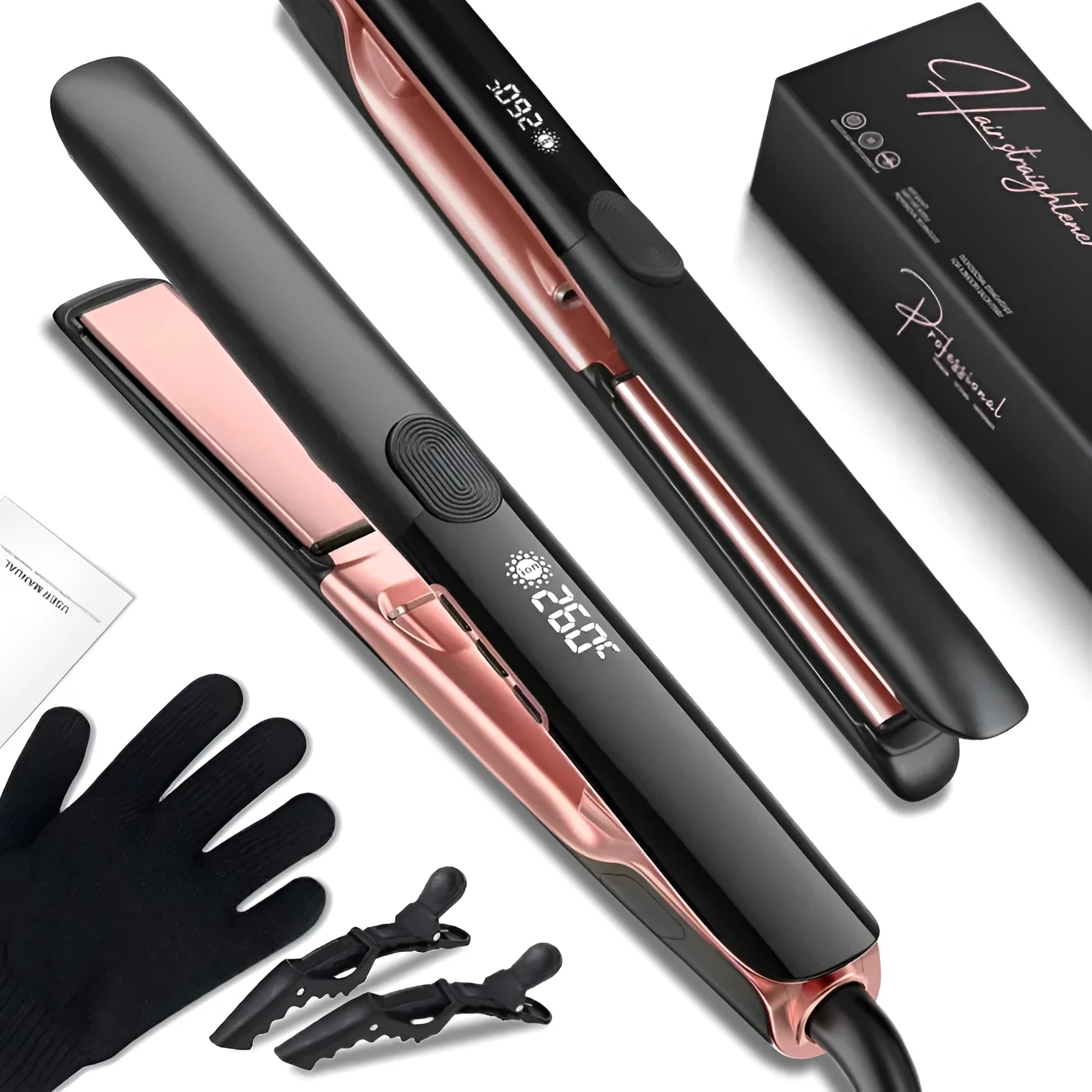 A hair straightener with a digital temperature display showing 207°C and ceramic plates.