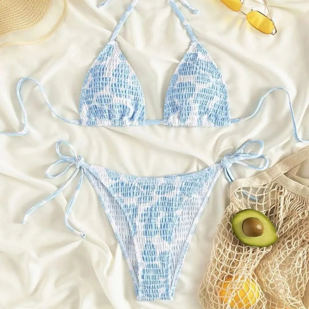 Women's halter swimsuit bikini set with floral pattern briefs in multiple colour options.