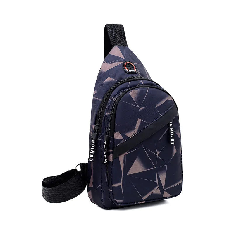 Black Oxford cloth crossbody chest bag for men with a visible earphone hole and zipper.