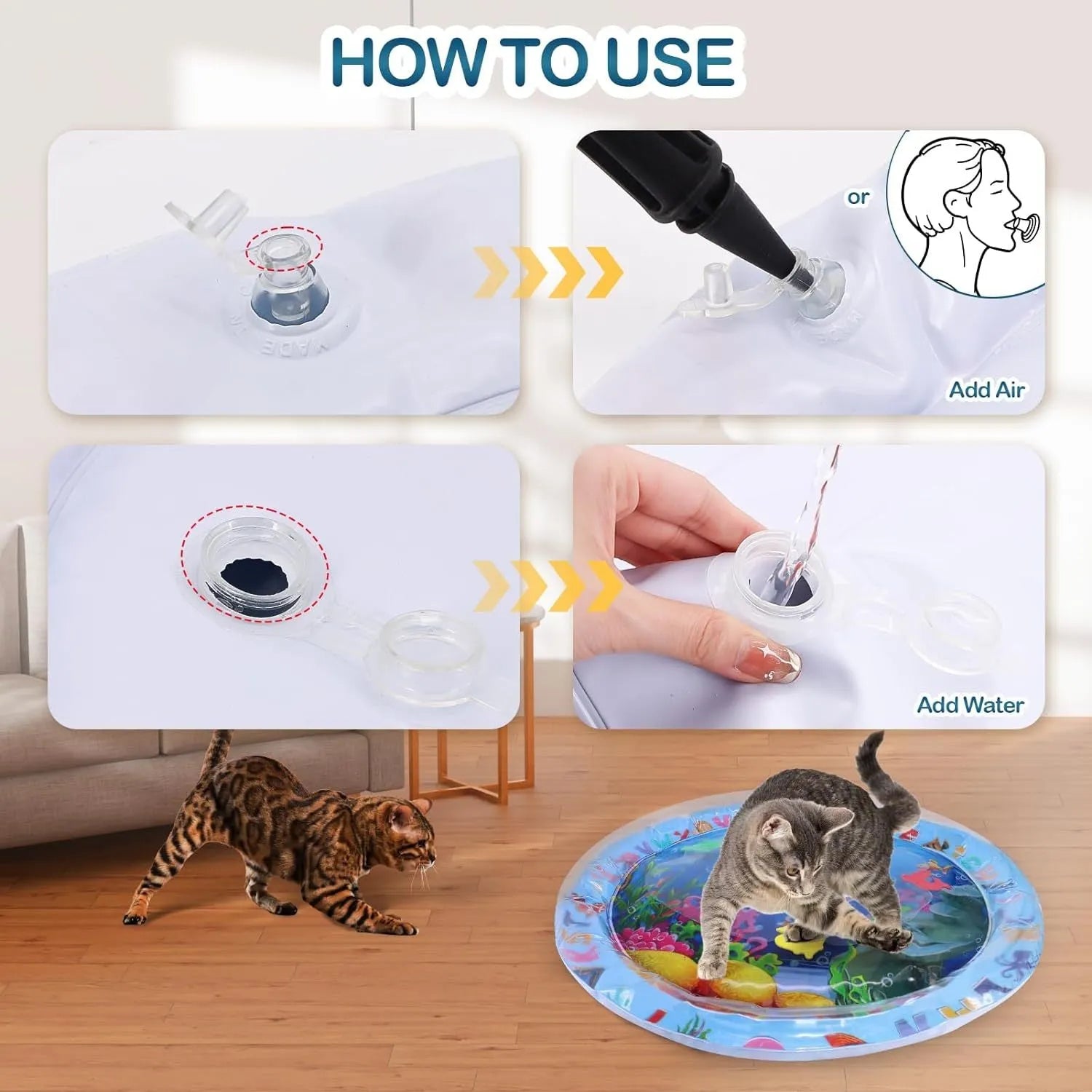 Thickened PVC water sensory playmat for cats with ocean fish theme and floating toys