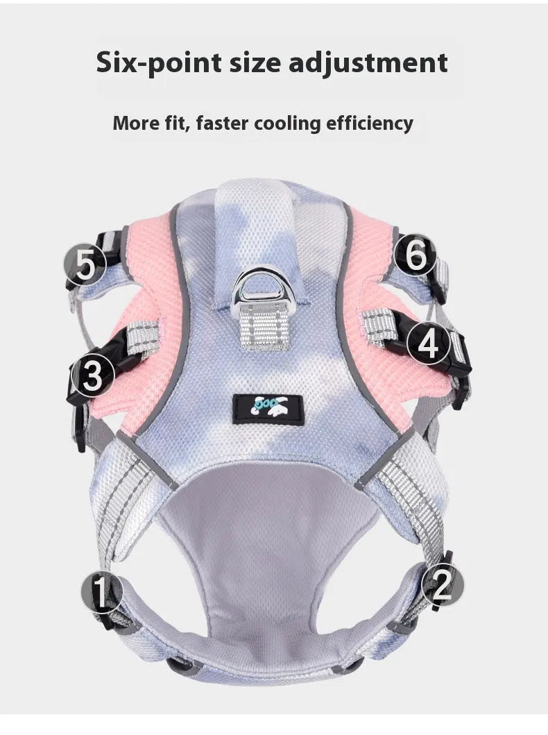 Reflective dog cooling harness chest strap in light blue colour with adjustable fittings
