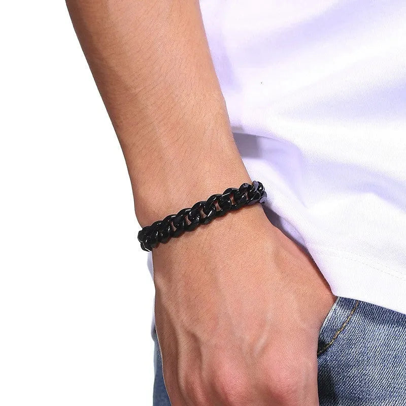 Geometric six-sided Cuban link metal bracelet shown in gold, black and steel colour finishes with varying widths from 3mm to 11mm.