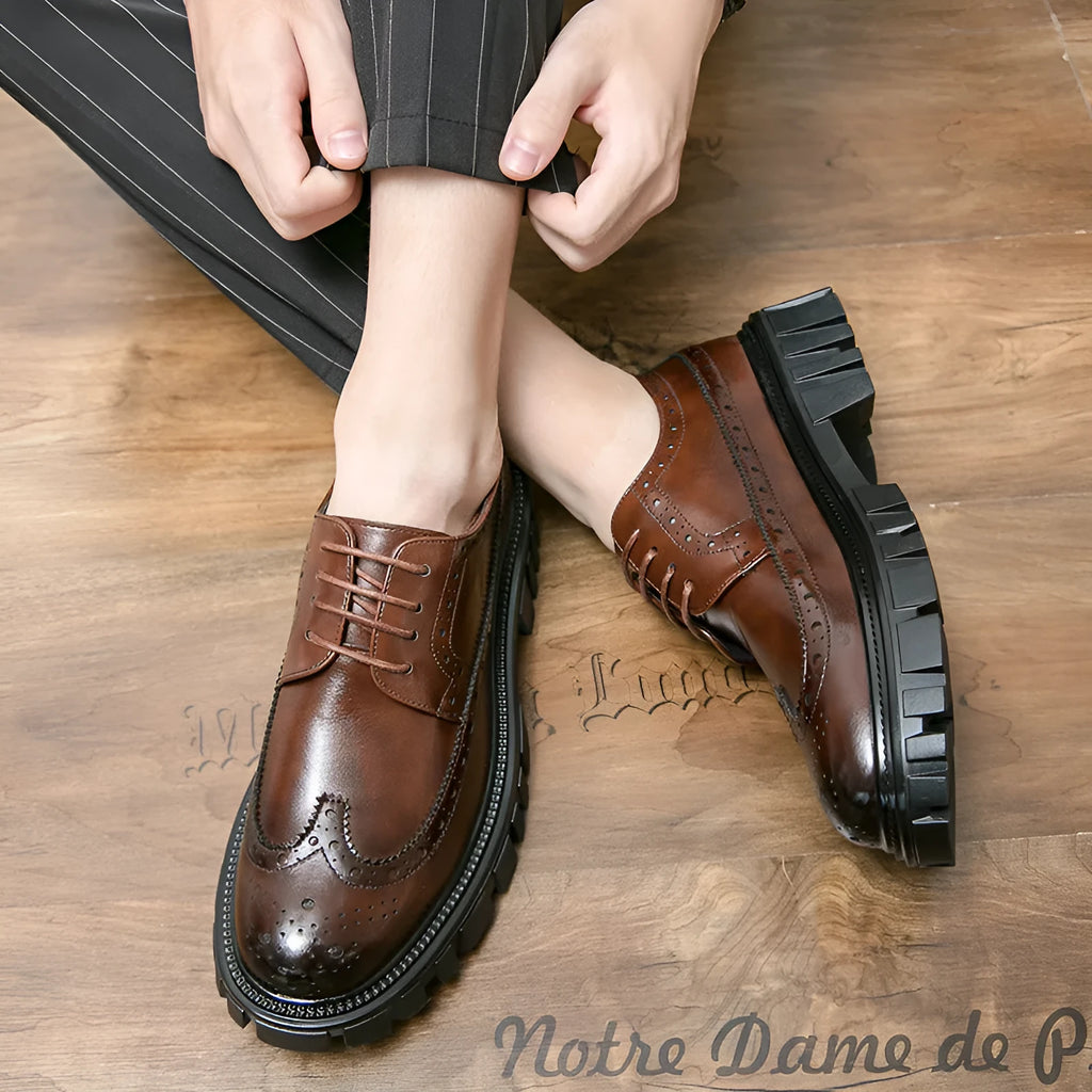 Men's black and brown brogue shoes with round toe design for business wear