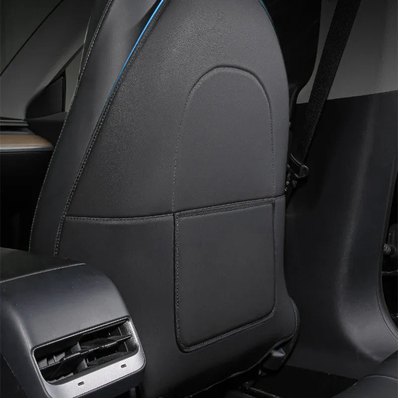 Black leather rear anti kick pad for car seats, shown with storage pocket.