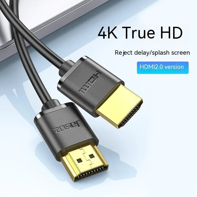 Flexible thin HDMI cable with gold-plated connectors showing length options from 50cm to 500cm