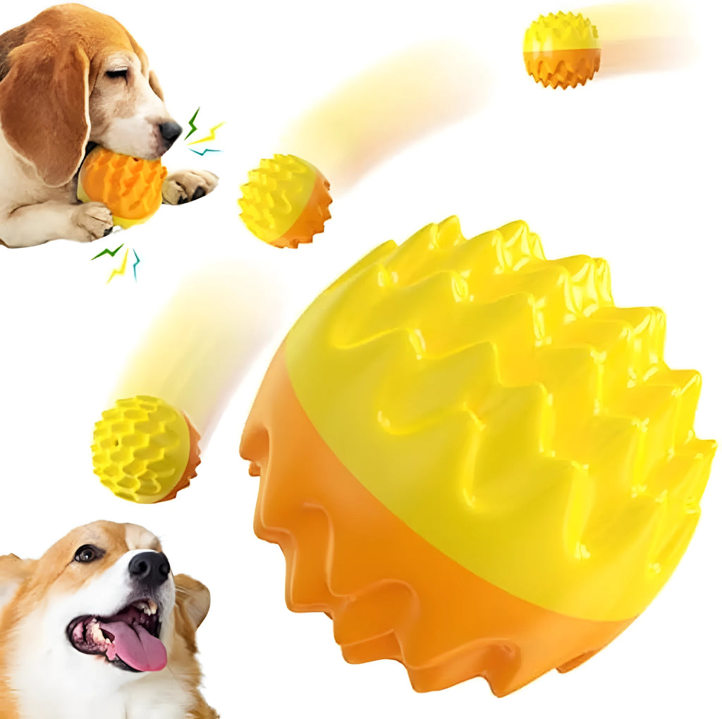 Blue and orange squeaky dog ball toy with spiky texture for dental cleaning