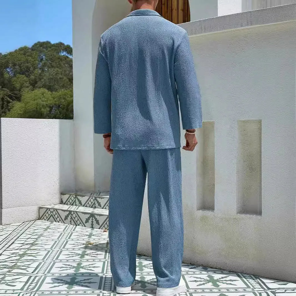 Men's casual shirt trousers set in polyester fabric showing lake blue, khaki, black, and caramel colour options