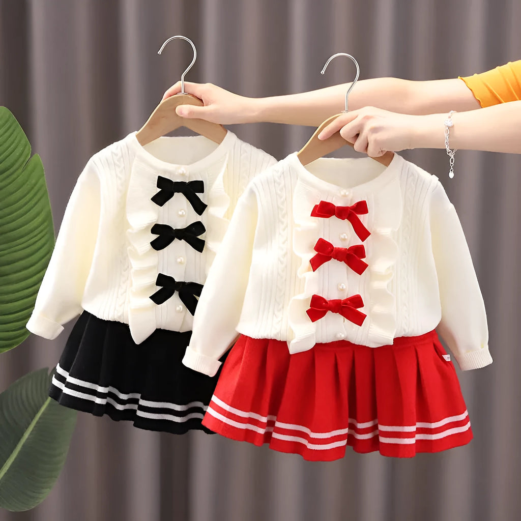 Knitted two-piece baby girl skirt suit with long-sleeve bow top and skirt in red, black or pink, sizes 80cm to 130cm