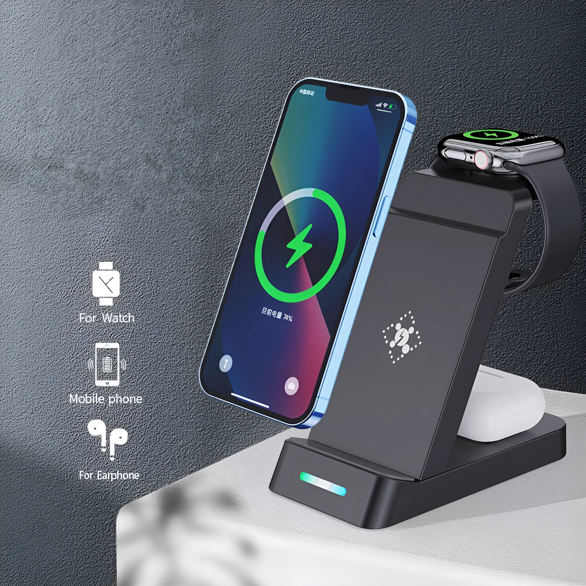 Black 3-in-1 wireless charging station showing phone on stand, AirPods case, and Apple Watch on their charging spots.