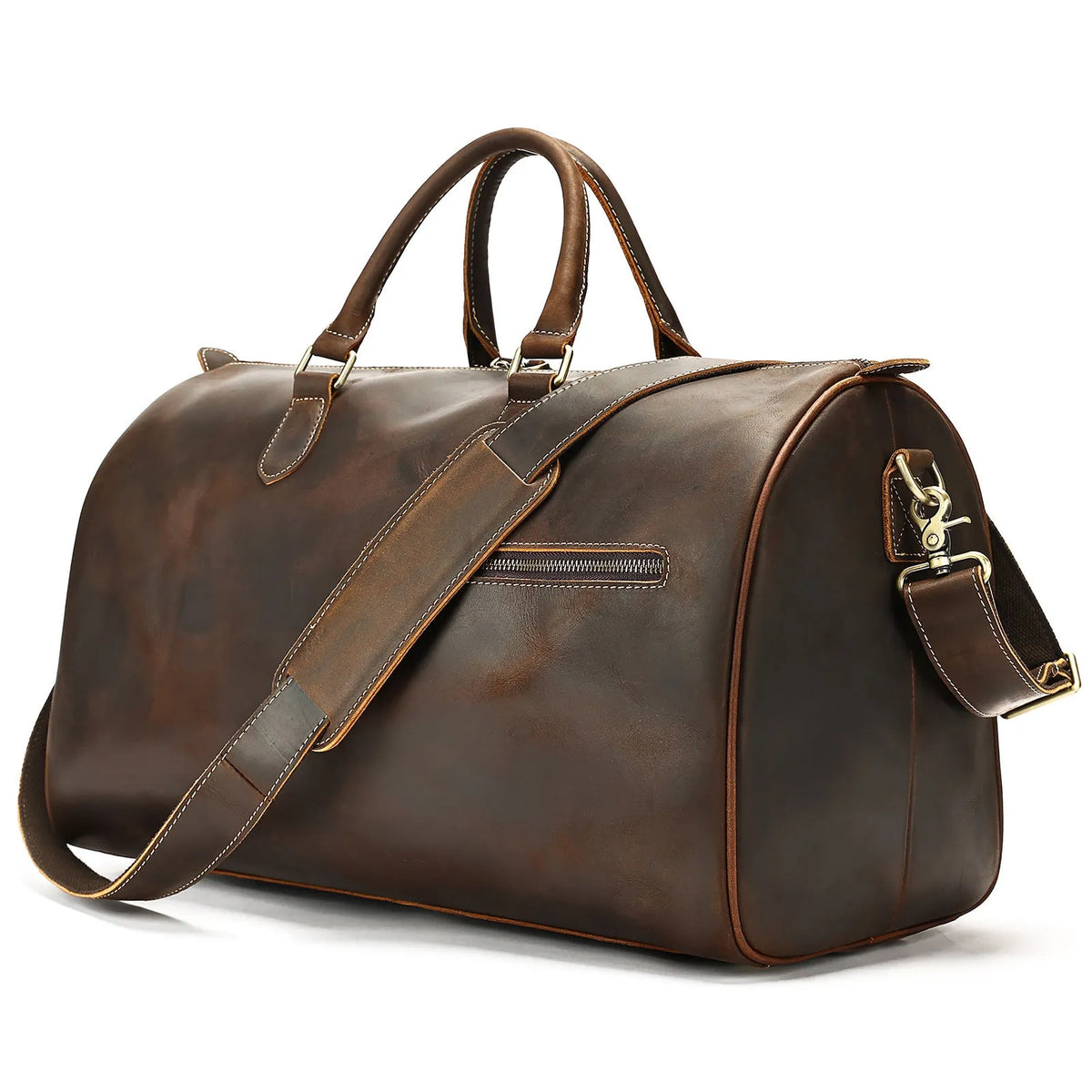 Men's vintage leather crossbody bag showing genuine cowhide construction with substantial 48.3cm width