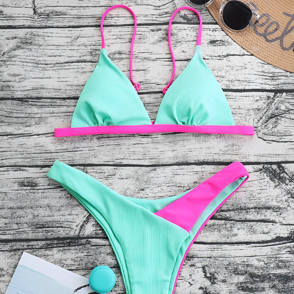 Women's European style nylon swimsuit briefs set with matching bra in pattern colours