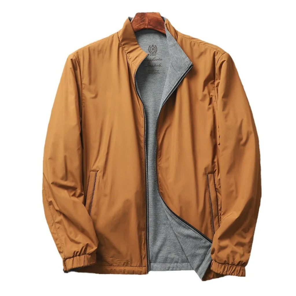 Men's simple stand collar jacket in Army Green, shown in a regular fit for business casual wear.