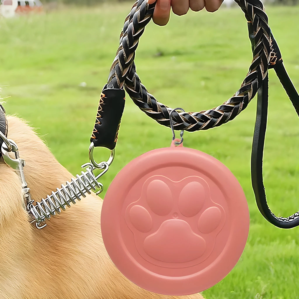 Collapsible silicone dog bowl shown in pink and green colour options, compressed and expanded.