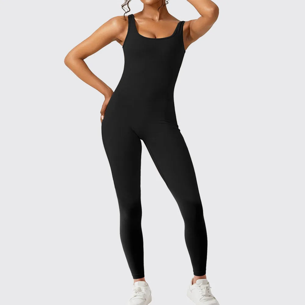 Women's sleeveless flare jumpsuit for fitness yoga in high elasticity polyester fabric