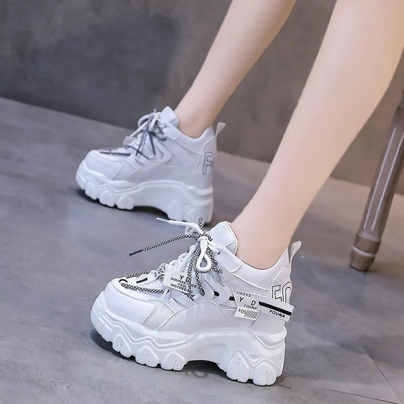 Women's white breathable mesh platform tennis shoes with cross-strap and 6-8cm heel