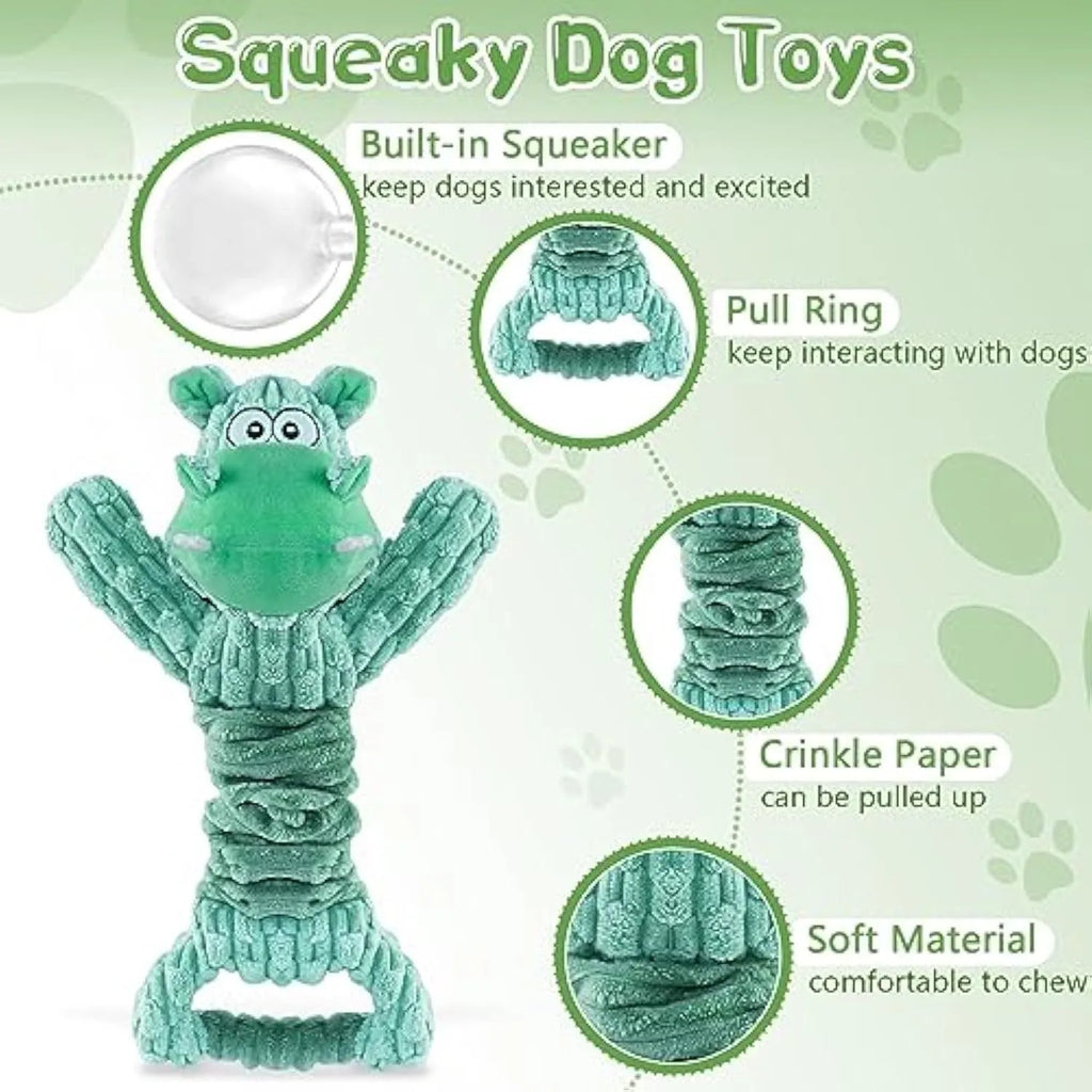Large plush squeaky dog toy with a handle for tug of war, shown in a hippo design.