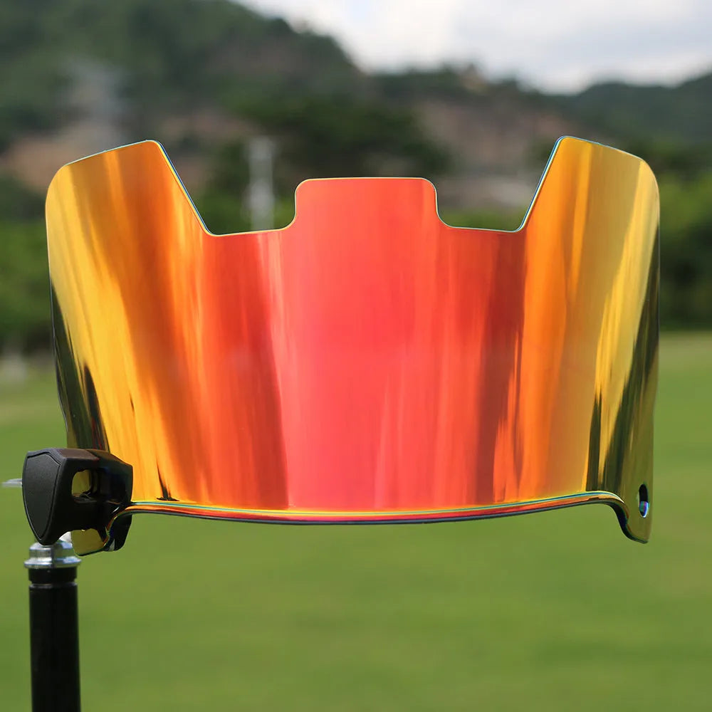 Multicolour American-style rugby helmet goggles shown attached to a helmet for impact protection.