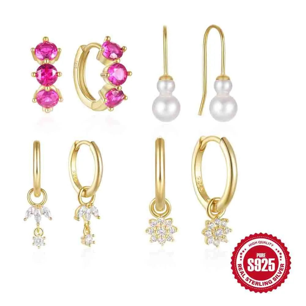 Geometric sunflower earrings in sterling silver with zircon stones and golden finish