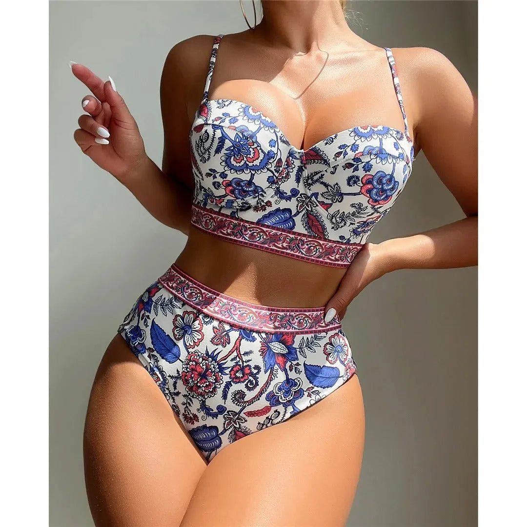 Blue women's high waist push-up bikini swimsuit on hanger
