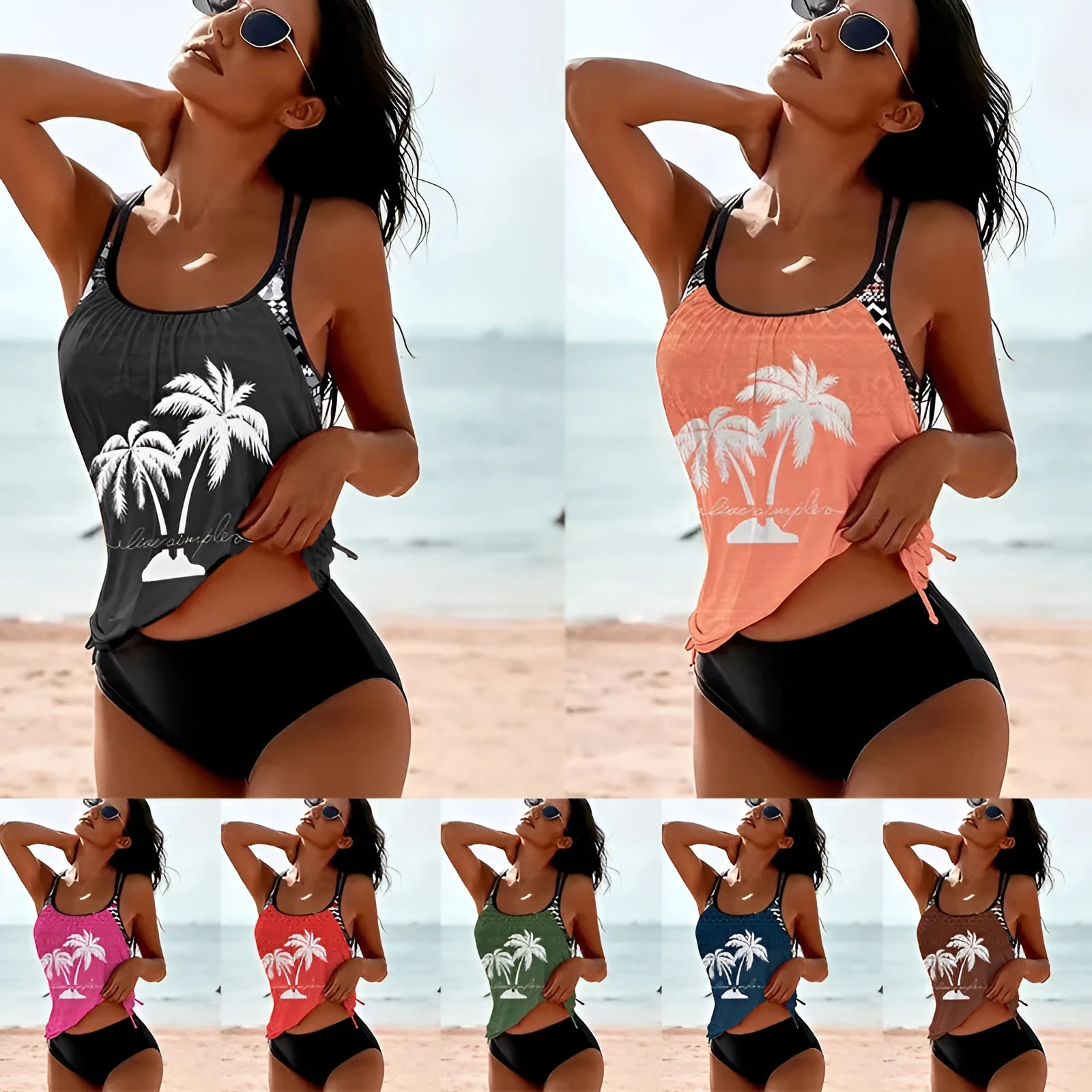 Tangini women's loose fit split brief bikini set in polyester fabric on a colour swatch background.