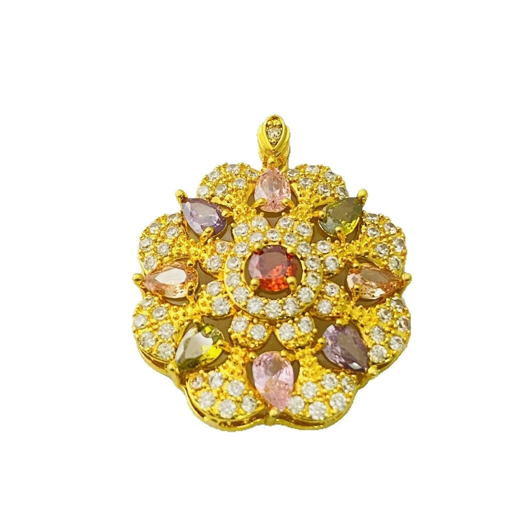 Close-up of a women's floral-shaped zircon pendant necklace in a gold electroplated finish.