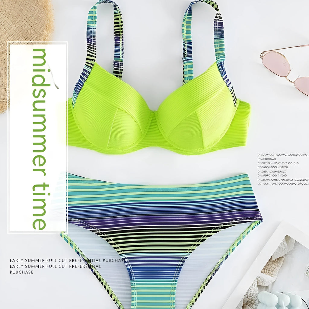 Green printed halter bikini set with split briefs for women in polyester fabric