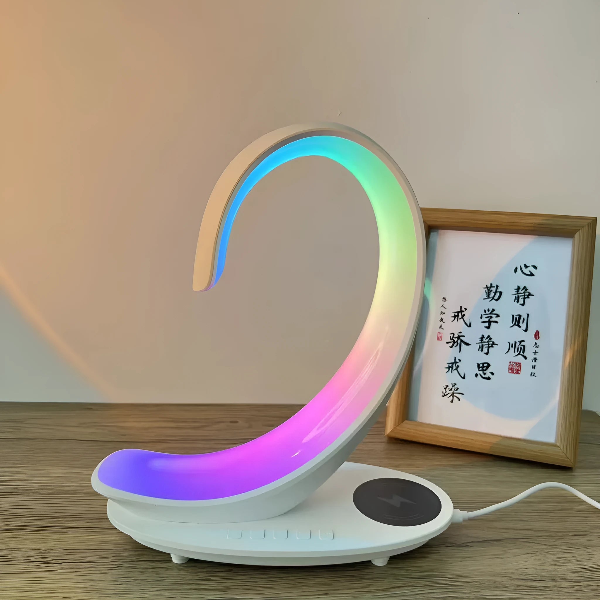 White swan shaped desktop atmosphere light with colourful LEDs and built-in Bluetooth speaker