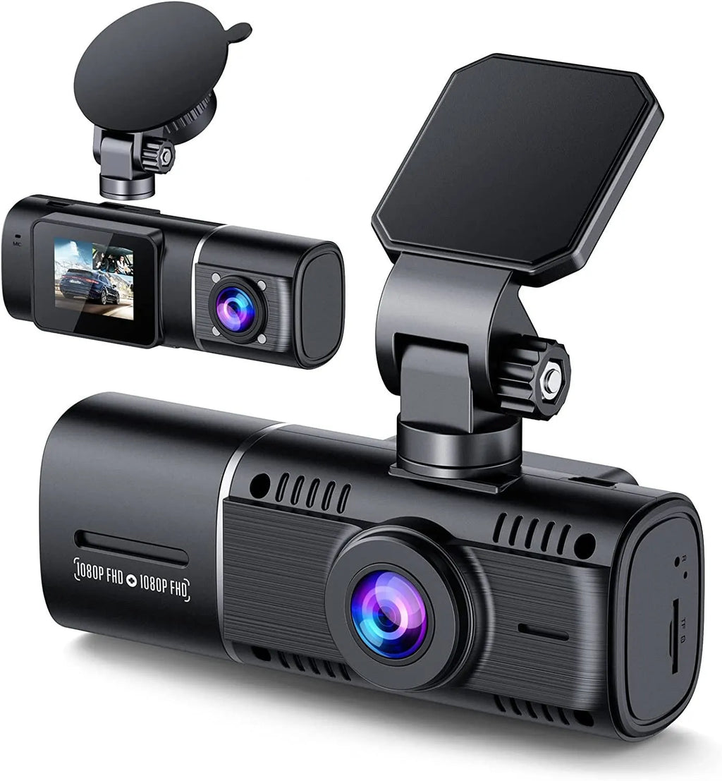 Standard black dual-channel dashboard camera with a 1.5-inch screen, shown with car charger and mounting stand.