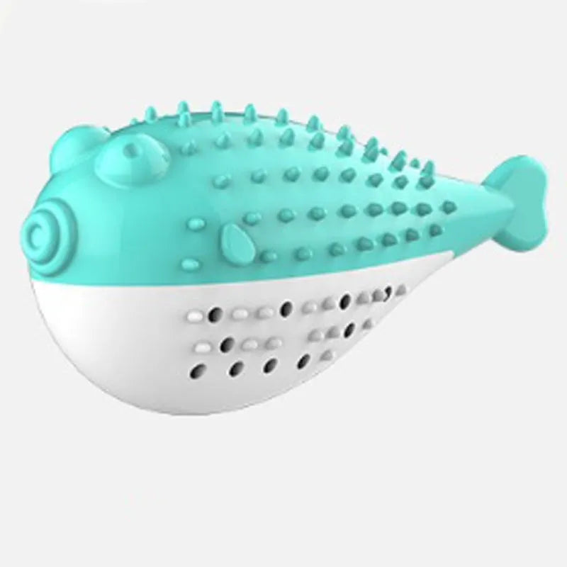 Blue silicone fish-shaped chew toy and teaser for cats on a white background.