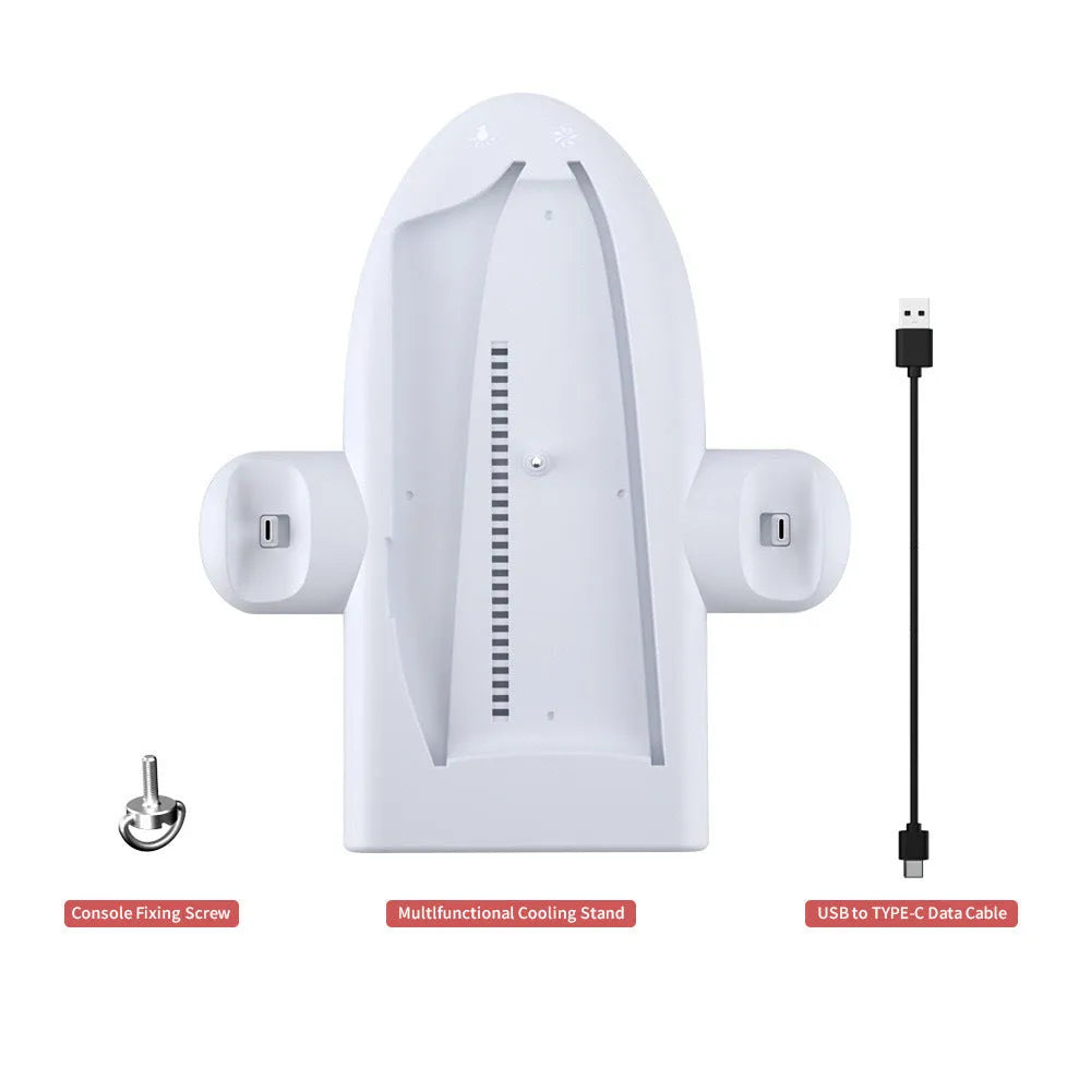 White PS5 Slim charging station with cooler fan and RGB ambient lighting on charging dock