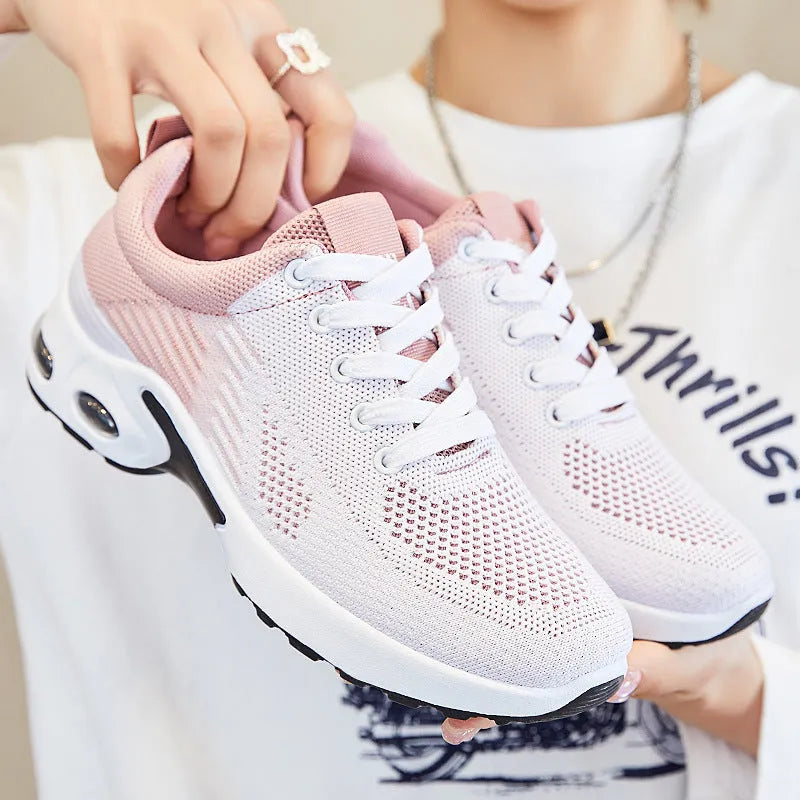 Women's Flyknit running shoes with striped pattern, breathable mesh lining, and PVC soles in multiple colour options