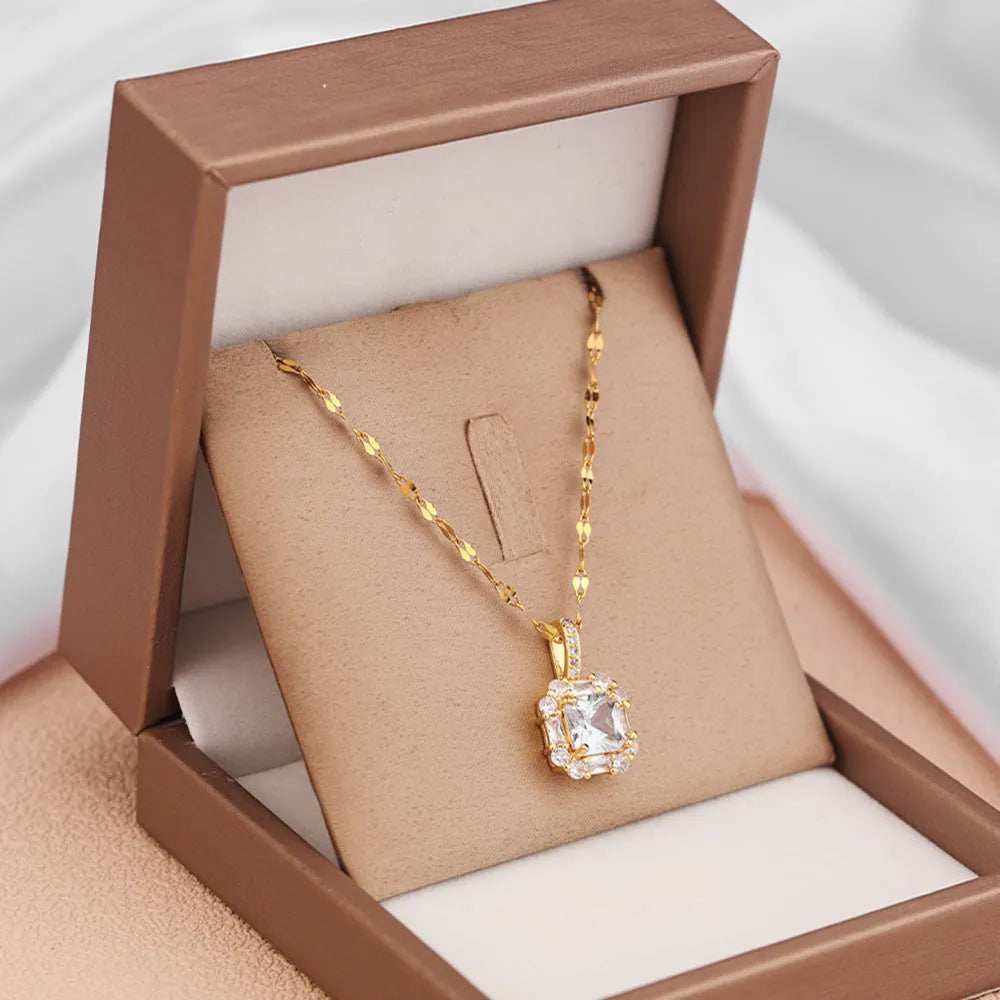 Gold titanium steel clavicle necklace with quadrilateral zircon pendant on water wave chain