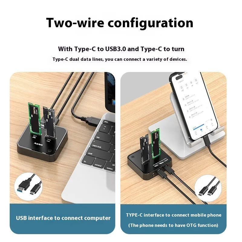 MAIWO K3016 M.2 SSD docking station for hard drive cloning with cables and power adapter.