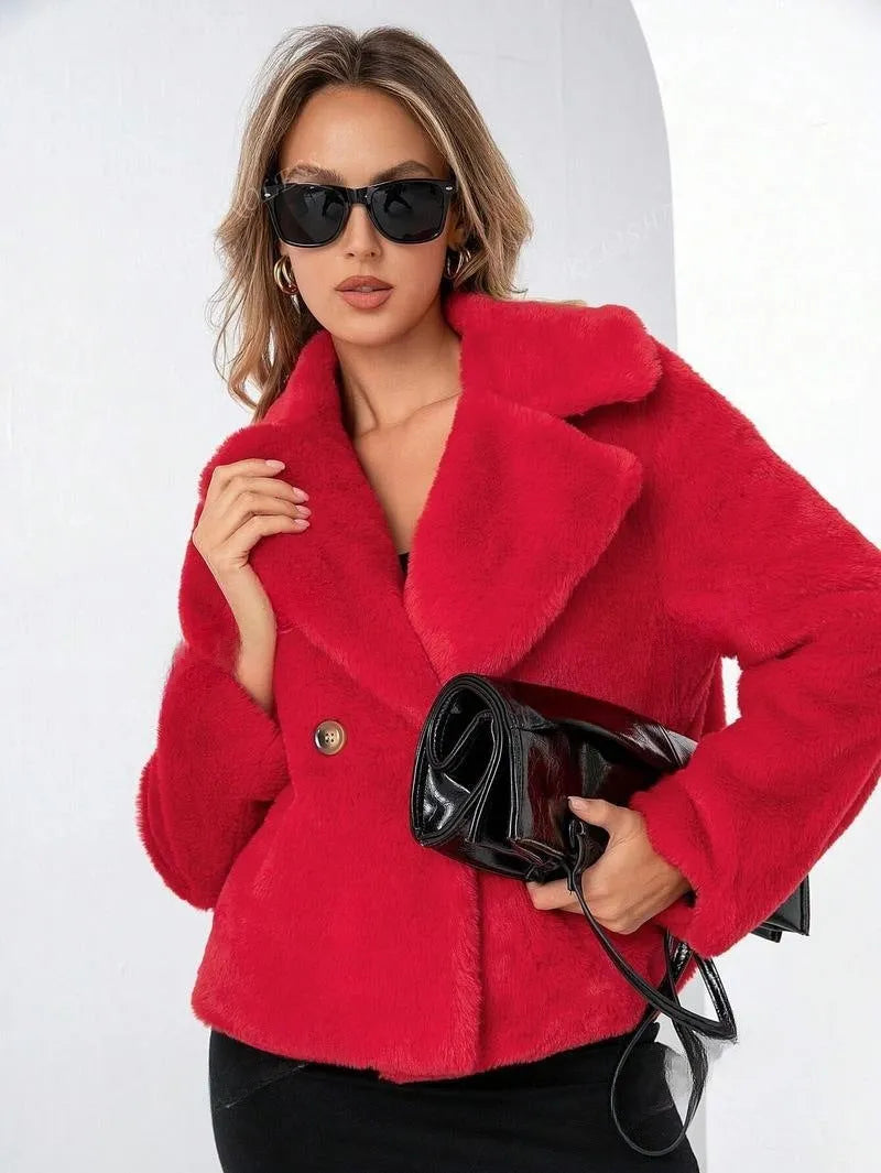 Rose red loose women's faux fur coat with regular sleeves on a hanger