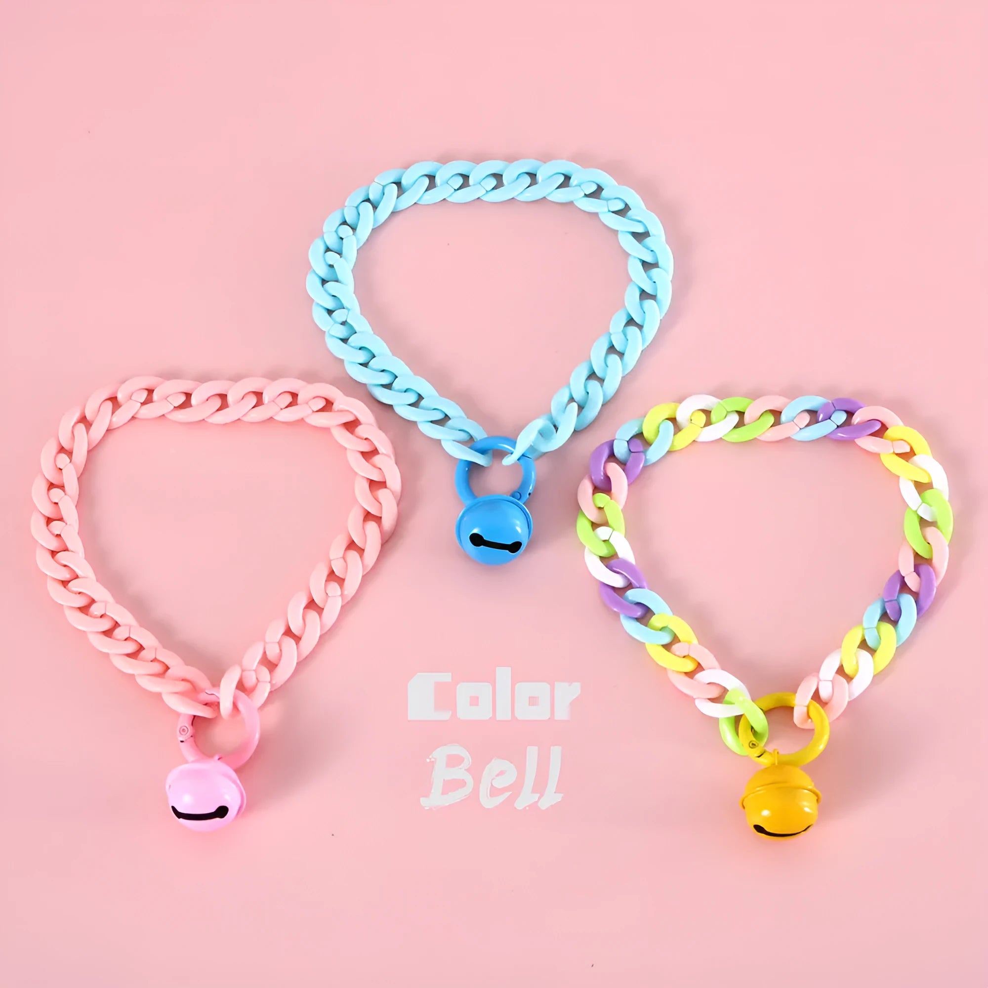 Adjustable plastic pet collar in macaron candy colours on a white background.