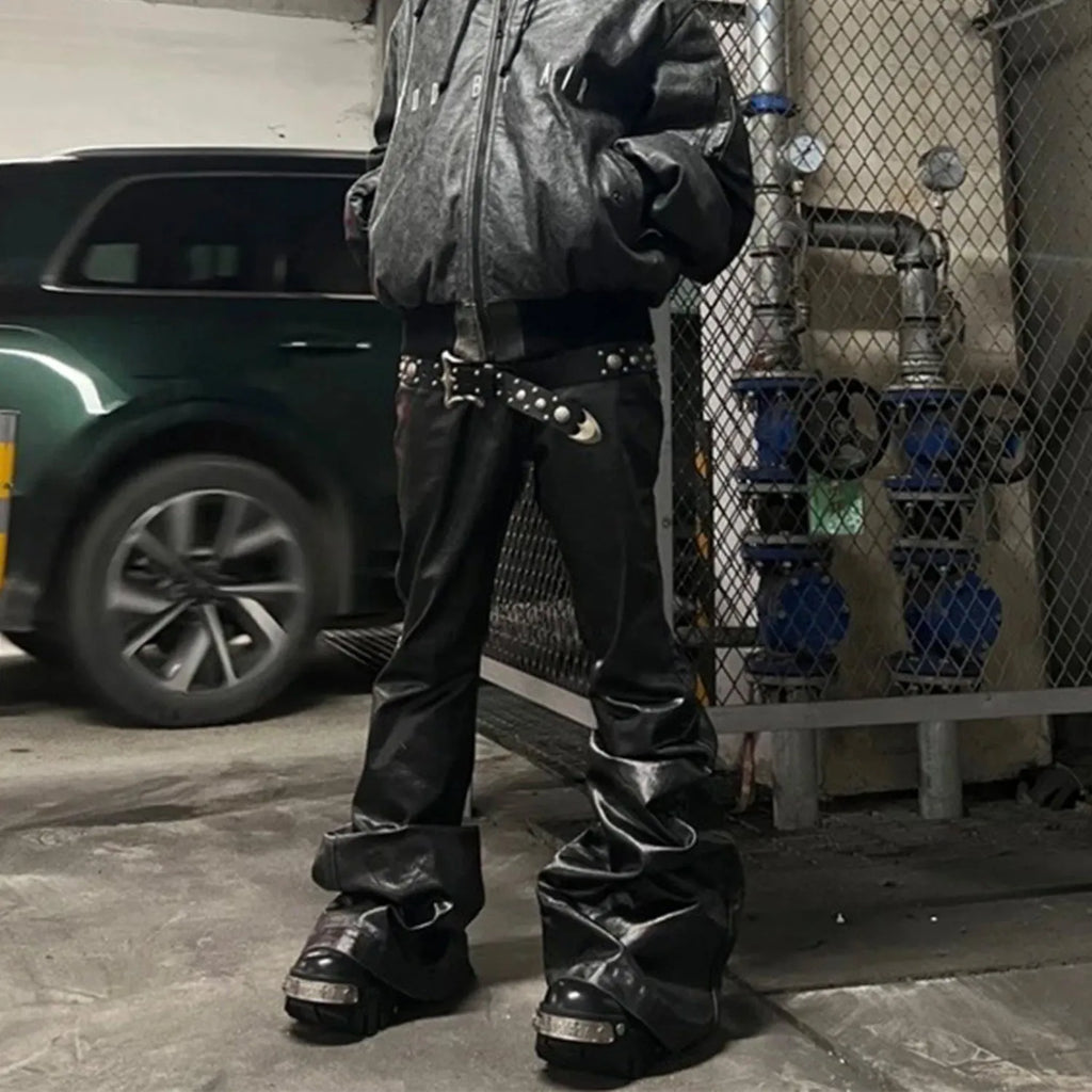 Black patent leather coated skinny jeans with straight-leg cut and mid waist design